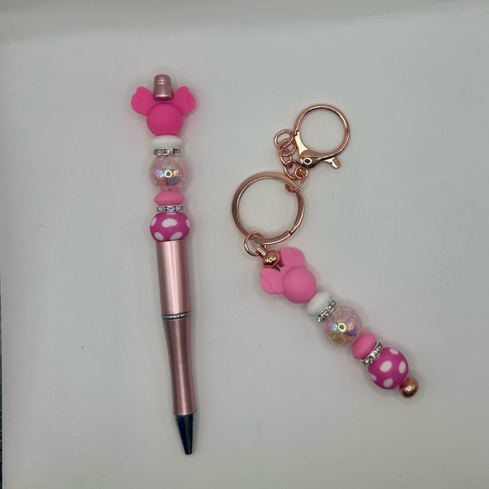 Pink Beaded Pen and Keychain Set